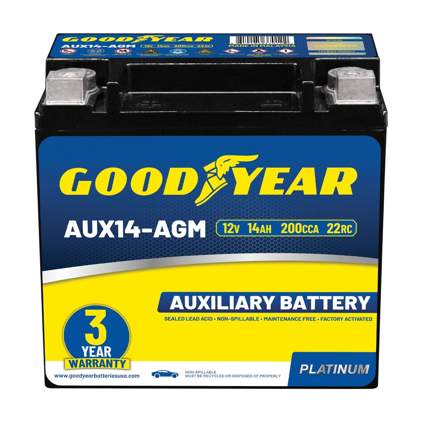 Goodyear AUX14-AGM BCI Group Size 400 12V 14 AH, 22RC, 200 CCA Platinum series Rechargeable AGM Maintenance Free Auxiliary Batte