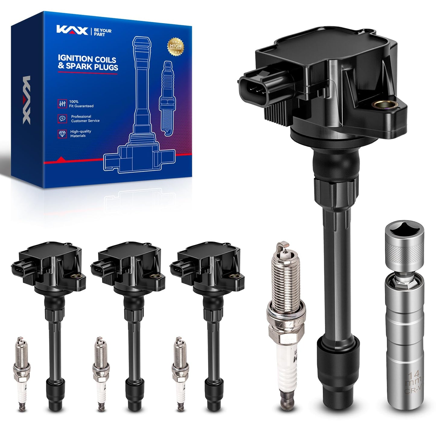KAX OEM Performance Set of 4 Ignition Coil Pack & Iridium Spark Plugs w/Magnetic Socket Compatible with Honda Civic 2016-2020 2.